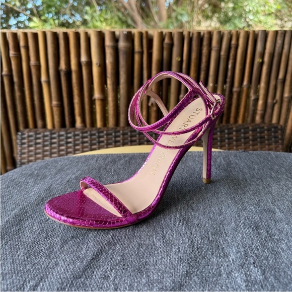 STUART WEITZMAN metallic pink snake embossed ankle strap heels - Picture 1 of 7